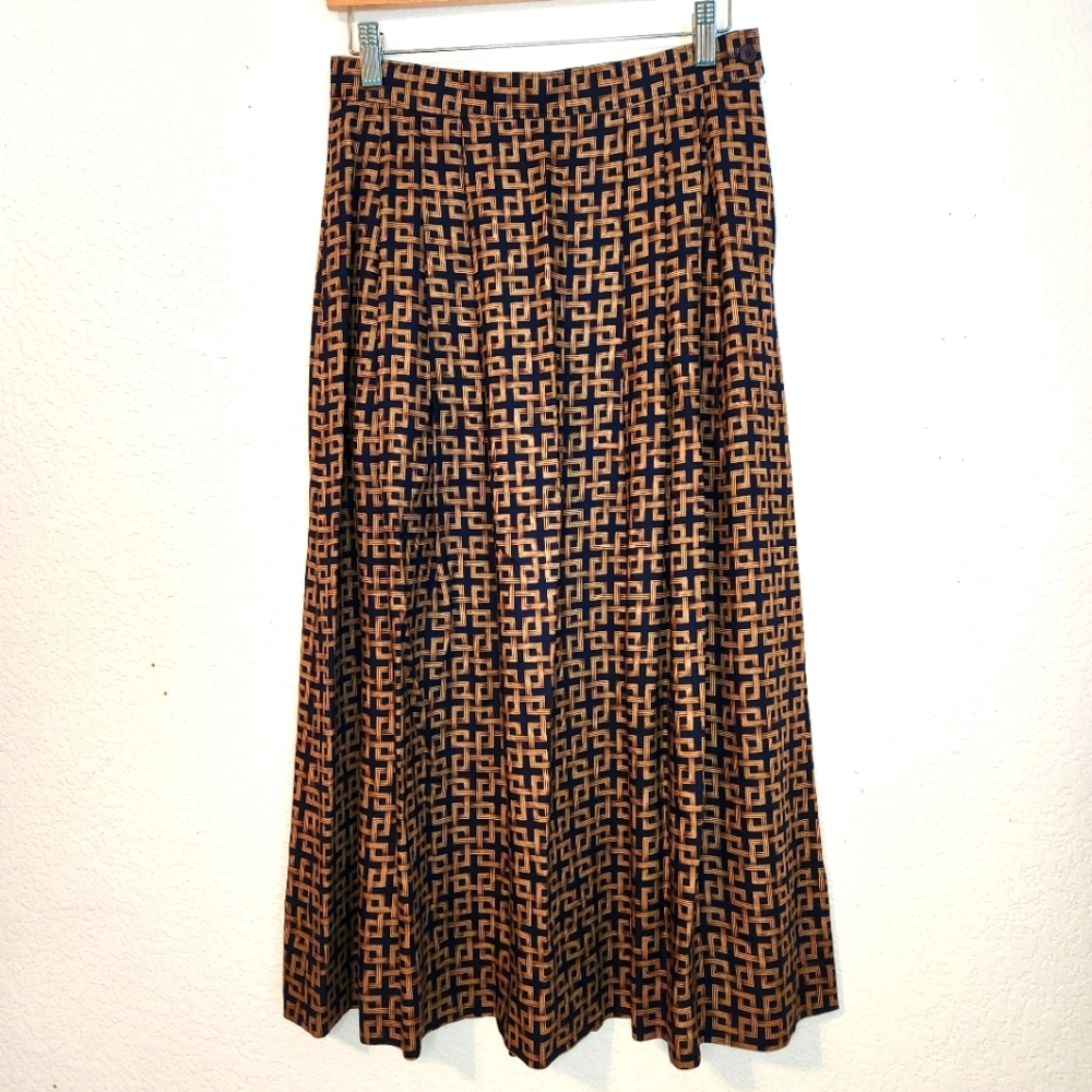 Sophisticates by Pendleton Geometric Patterned Navy/Copper Pleated Skirt, Size 8